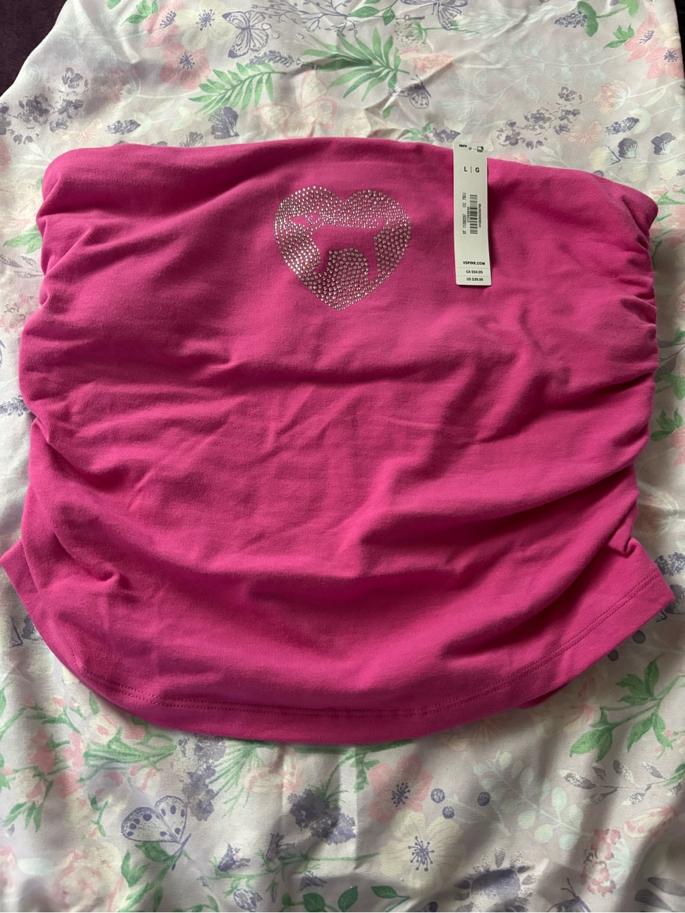 PINK Victoria's Secret Hot Pink Rhinestone Heart Strapless Top